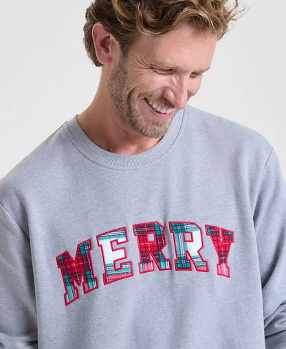 Long Length Holiday Sweatshirt with Plaid Merry Lettering and Crew Neck
