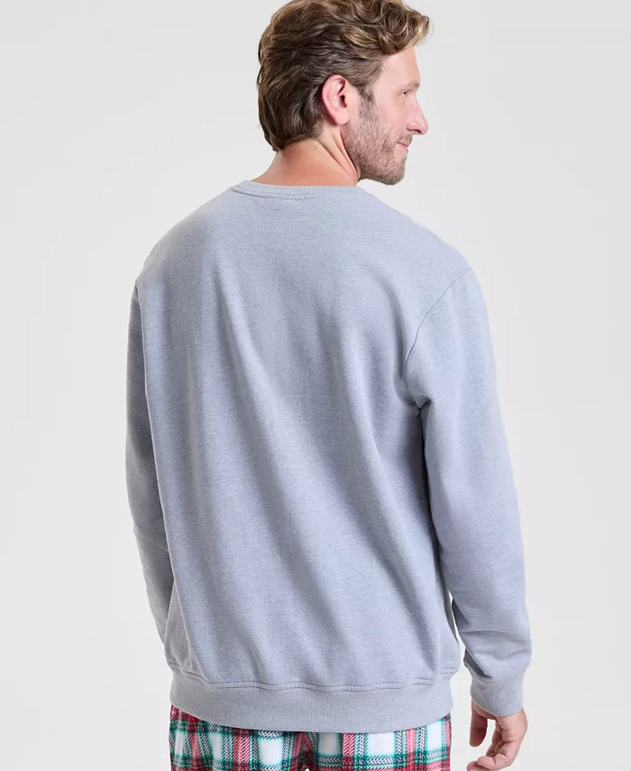 Long Length Holiday Sweatshirt with Plaid Merry Lettering and Crew Neck