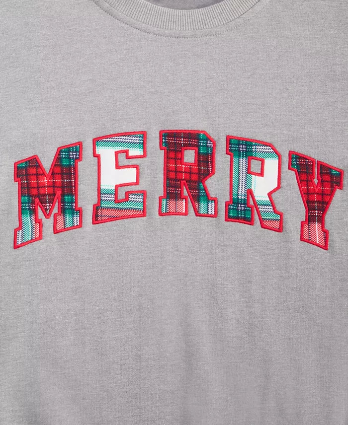 Long Length Holiday Sweatshirt with Plaid Merry Lettering and Crew Neck