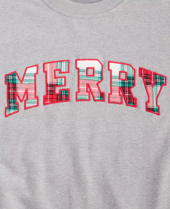 Merry Plaid Letter Christmas Sweatshirt with Crewneck and Stretchy Cotton Blend