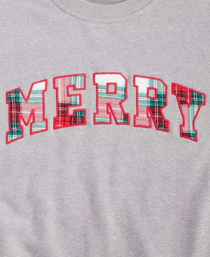 Merry Plaid Letter Christmas Sweatshirt with Crewneck and Stretchy Cotton Blend