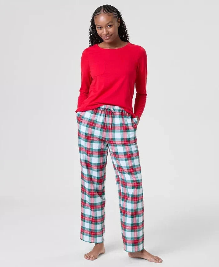Womens Flannel Pajamas with Plaid Crewneck Top and Pocketed Drawstring Pants