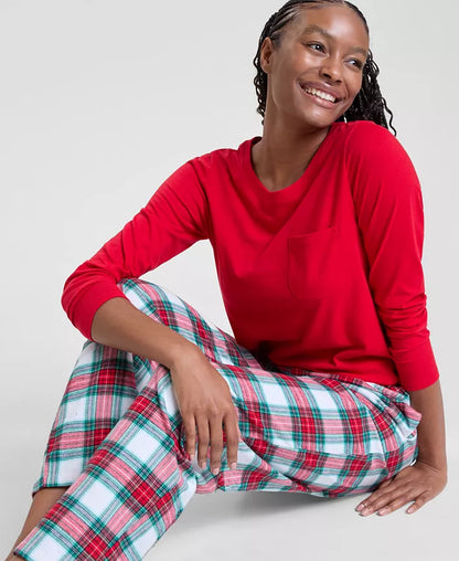 Womens Flannel Pajamas with Plaid Crewneck Top and Pocketed Drawstring Pants