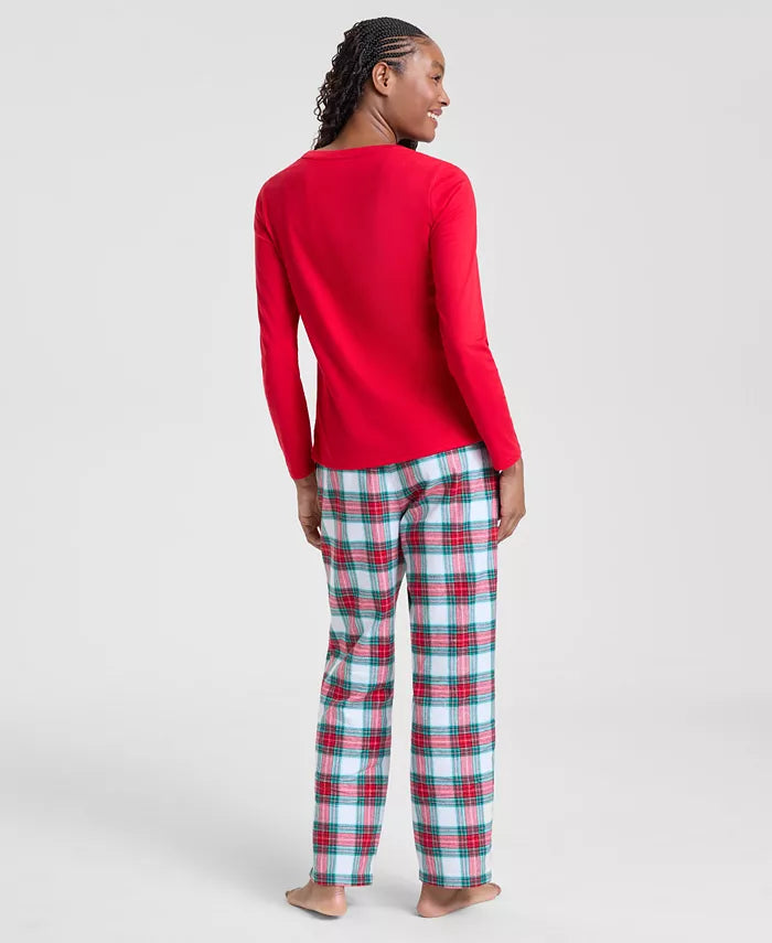 Womens Flannel Pajamas with Plaid Crewneck Top and Pocketed Drawstring Pants
