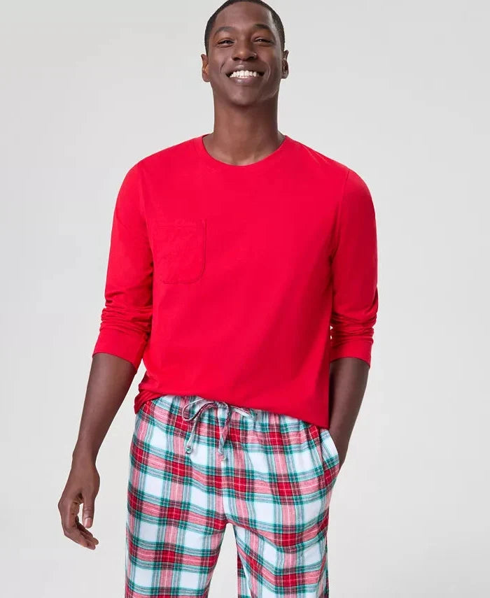 Roomy Plaid Pajama Set with Crew Neck Top and Drawstring Pants in Cotton Blend