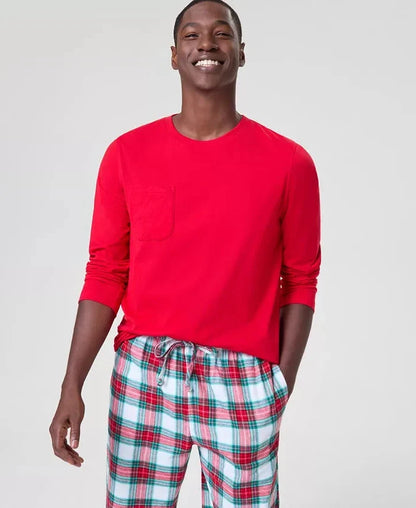 Roomy Plaid Pajama Set with Crew Neck Top and Drawstring Pants in Cotton Blend