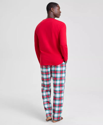 Roomy Plaid Pajama Set with Crew Neck Top and Drawstring Pants in Cotton Blend