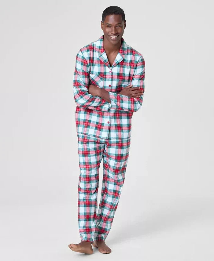Classic Woven Cotton Pajama Set with Button Up Plaid Top and Tie Waist Pants
