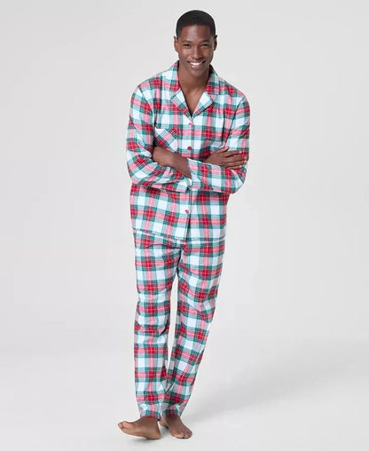 Classic Woven Cotton Pajama Set with Button Up Plaid Top and Tie Waist Pants