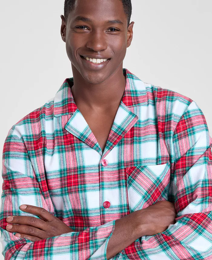 Classic Woven Cotton Pajama Set with Button Up Plaid Top and Tie Waist Pants