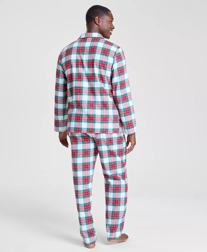 Classic Woven Cotton Pajama Set with Button Up Plaid Top and Tie Waist Pants