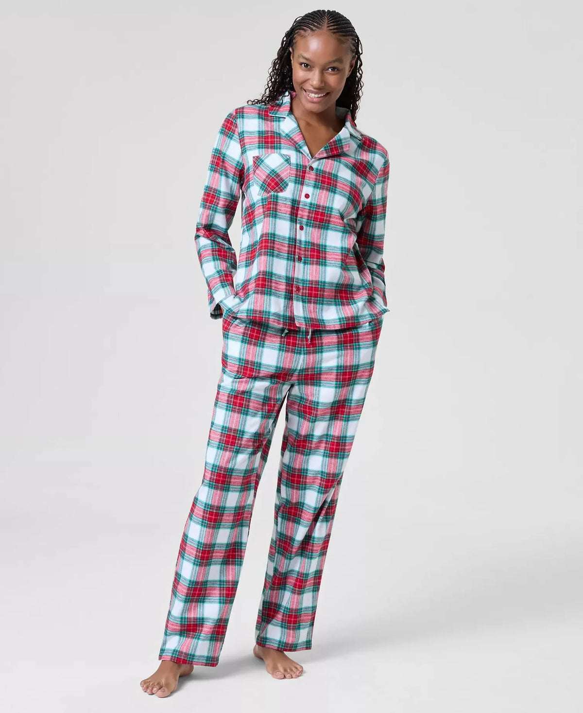 Classic Plaid Pajama Set in Soft Cotton with Notched Collar Shirt and Tie Waist Pants