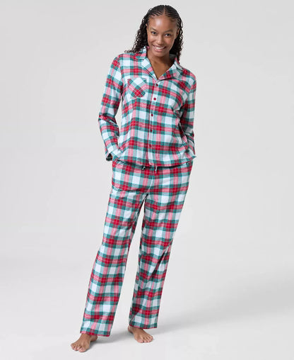 Classic Plaid Pajama Set in Soft Cotton with Notched Collar Shirt and Tie Waist Pants