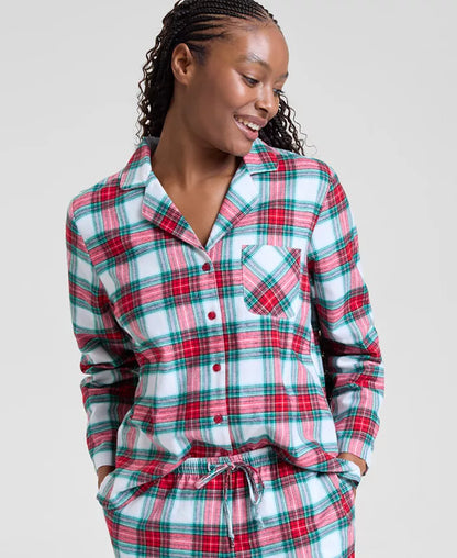 Classic Plaid Pajama Set in Soft Cotton with Notched Collar Shirt and Tie Waist Pants