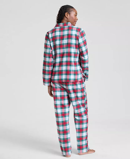 Classic Plaid Pajama Set in Soft Cotton with Notched Collar Shirt and Tie Waist Pants