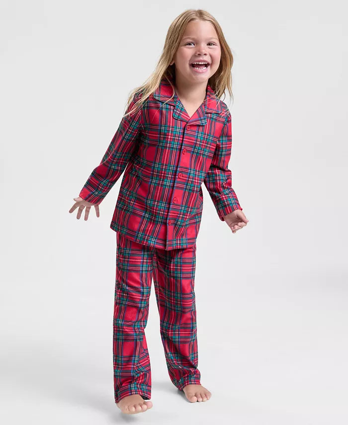 Matching Plaid Pajama Set for Kids with Collared Button Shirt and Elastic Waist Pants