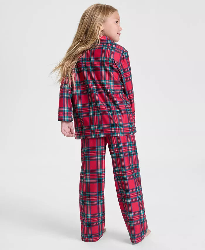 Matching Plaid Pajama Set for Kids with Collared Button Shirt and Elastic Waist Pants