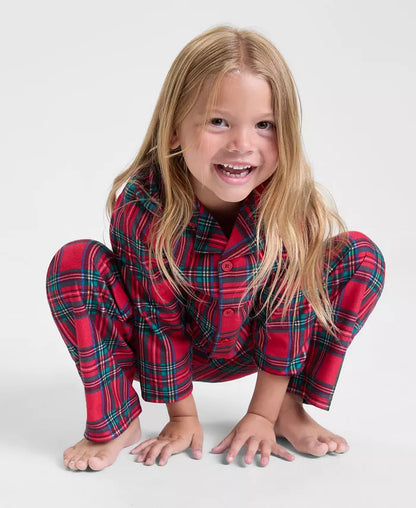 Matching Plaid Pajama Set for Kids with Collared Button Shirt and Elastic Waist Pants