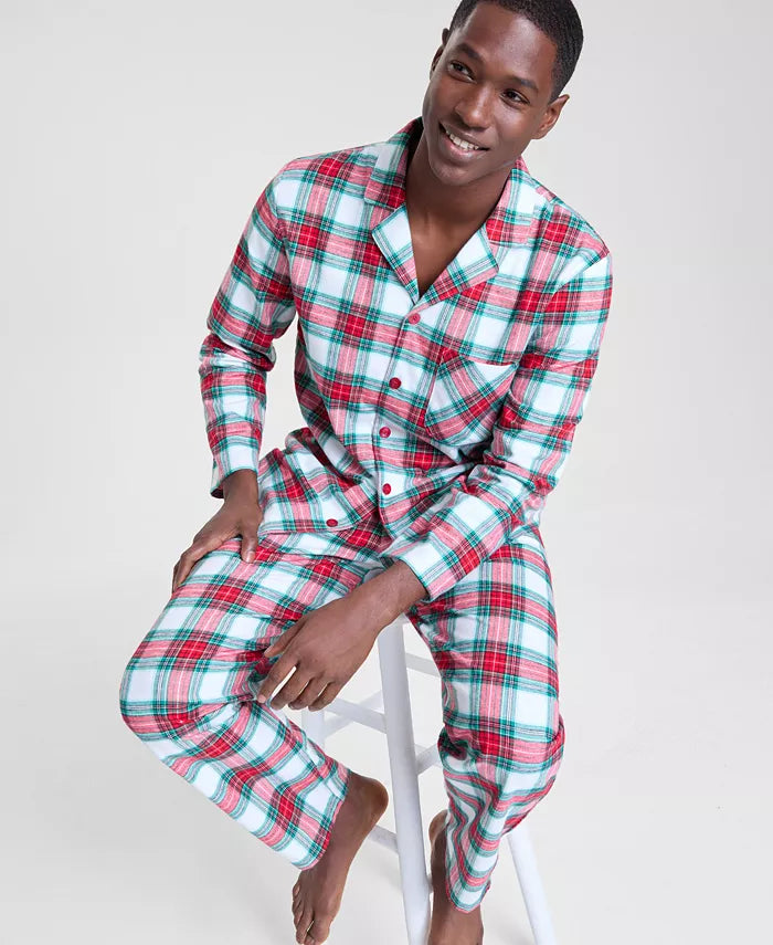 Classic Woven Cotton Pajama Set with Button Up Plaid Top and Tie Waist Pants