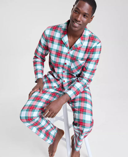 Classic Woven Cotton Pajama Set with Button Up Plaid Top and Tie Waist Pants