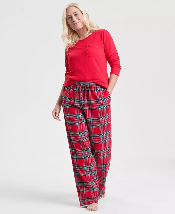Cotton Plaid Pajamas with Slip Over Crewneck Top and Tie Waist Pants in 7 Sizes