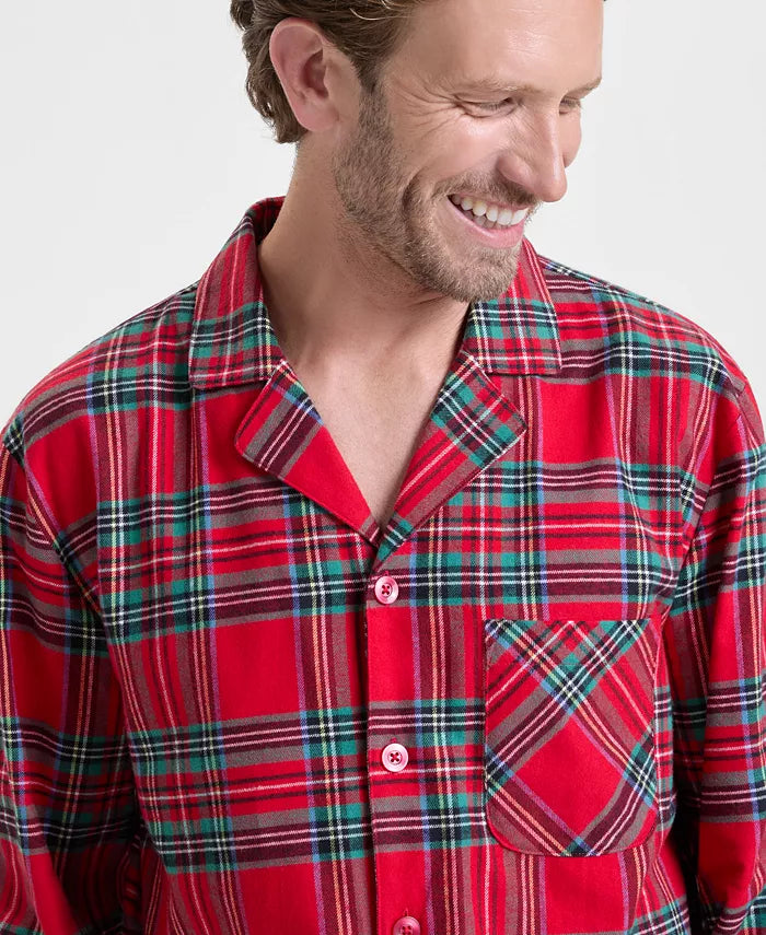 Button Front Flannel Pajamas in Classic Plaid with Elastic Drawstring Pants