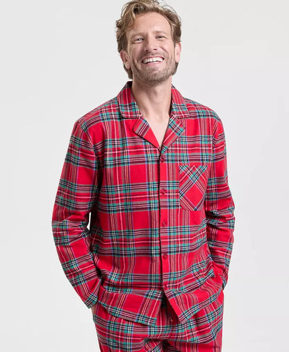 Button Down Flannel Pajama Set with Chest Pocket and Elastic Waist Drawstring Pants
