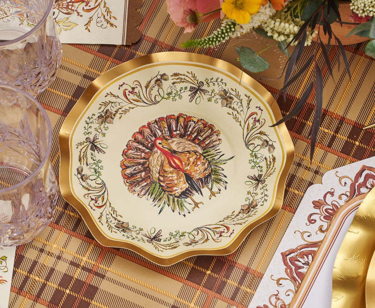 Disposable Paper Plates with Turkey and Pumpkin Design for Thanksgiving Dining