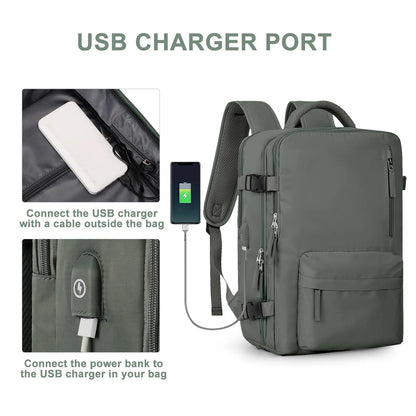 Women's 35L Travel Backpack with USB Charging Port and Laptop Compartment, Shoe and Wet Storage