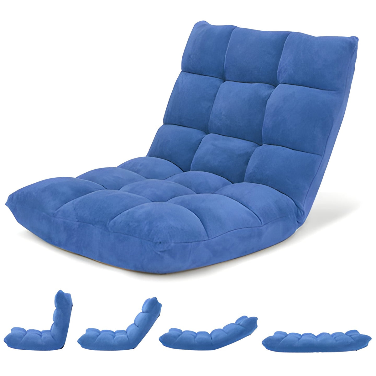 Folding Floor Chair with 14 Reclining Positions and Cushioned Padding in Eight Colors