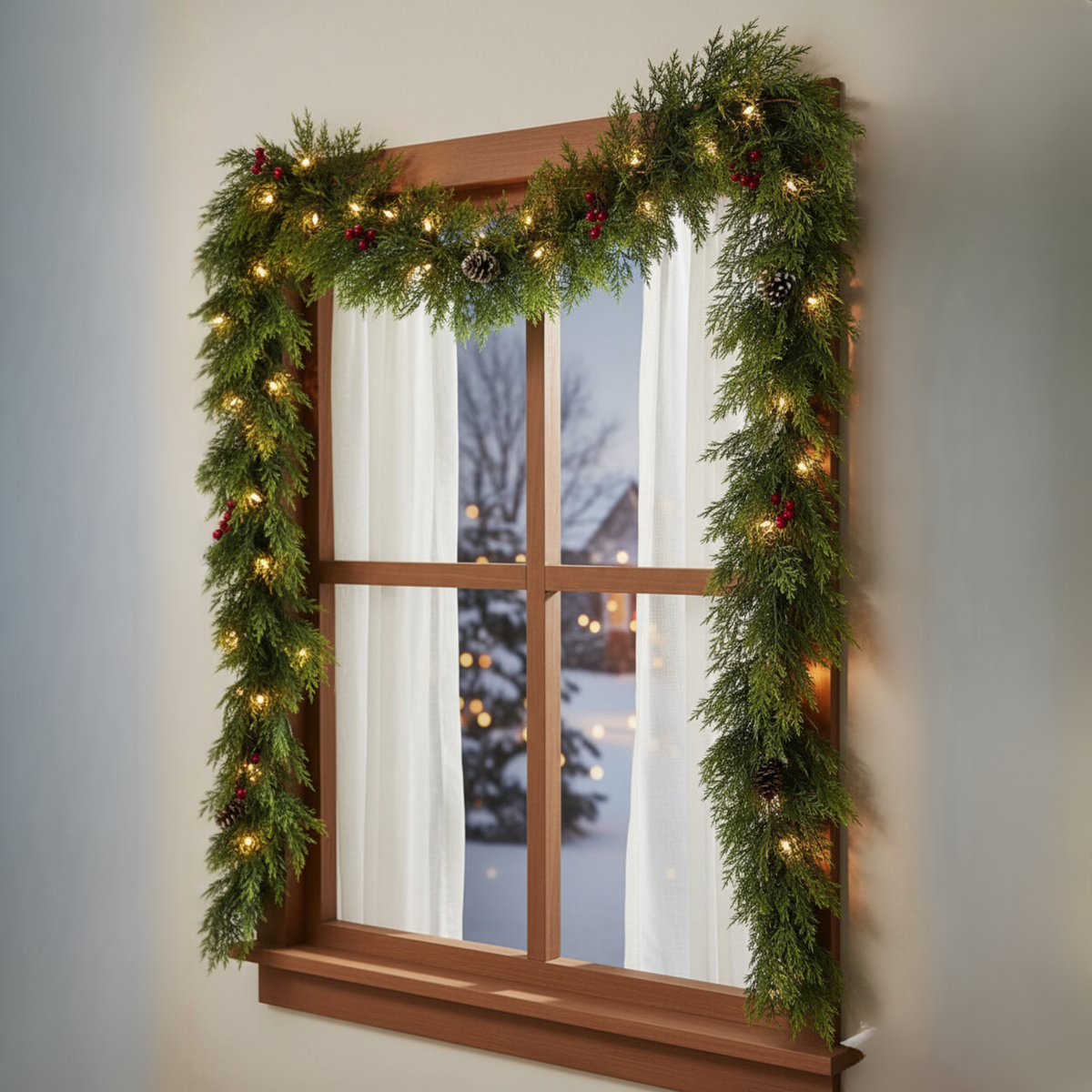 Pair of Six Foot Artificial Cedar Garlands with Bendable Greenery and Hand Tied Hanging Loops