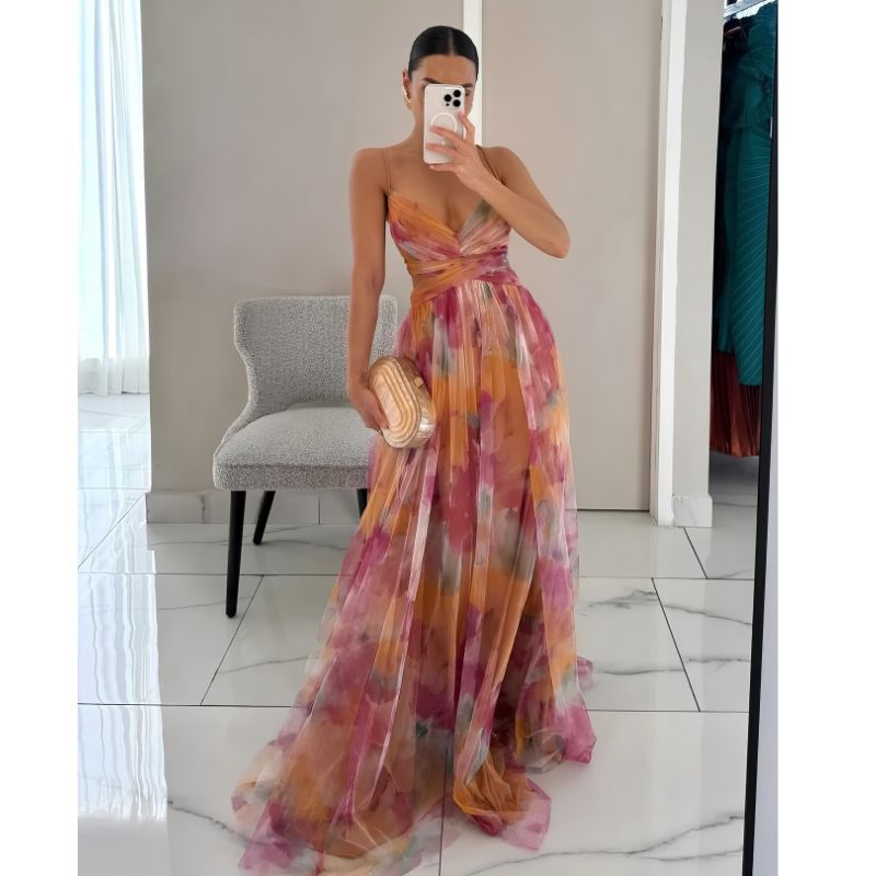 Floor Length Maxi Dress with V Neckline and Fitted Bodice, Abstract Multicolor Pattern