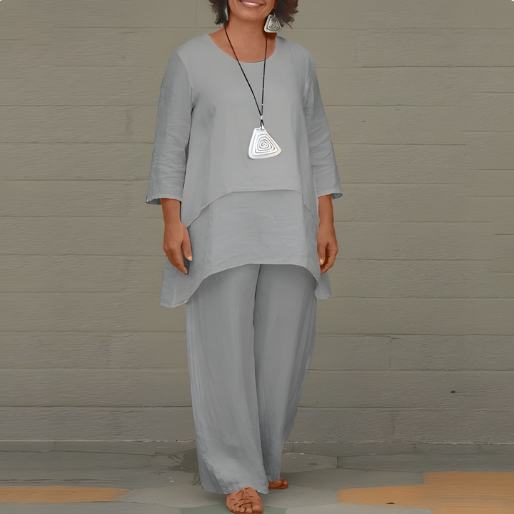 Woven Linen Two Piece Set with Short Sleeve Top and Matching Bottoms for Women