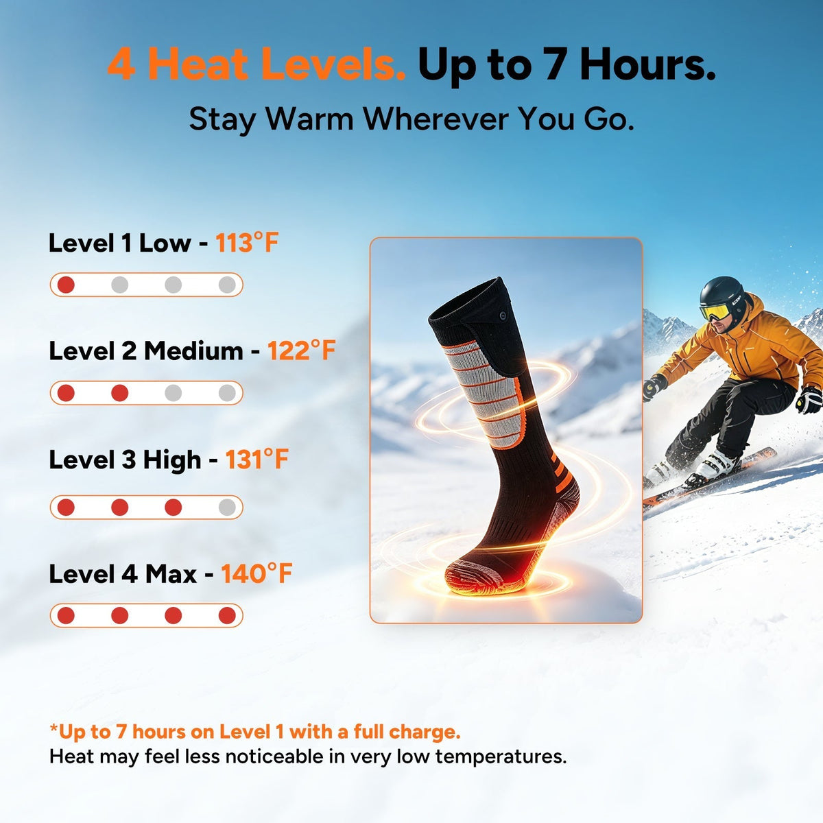 Battery Heated Socks with Side Wrap Design and Four Temperature Levels