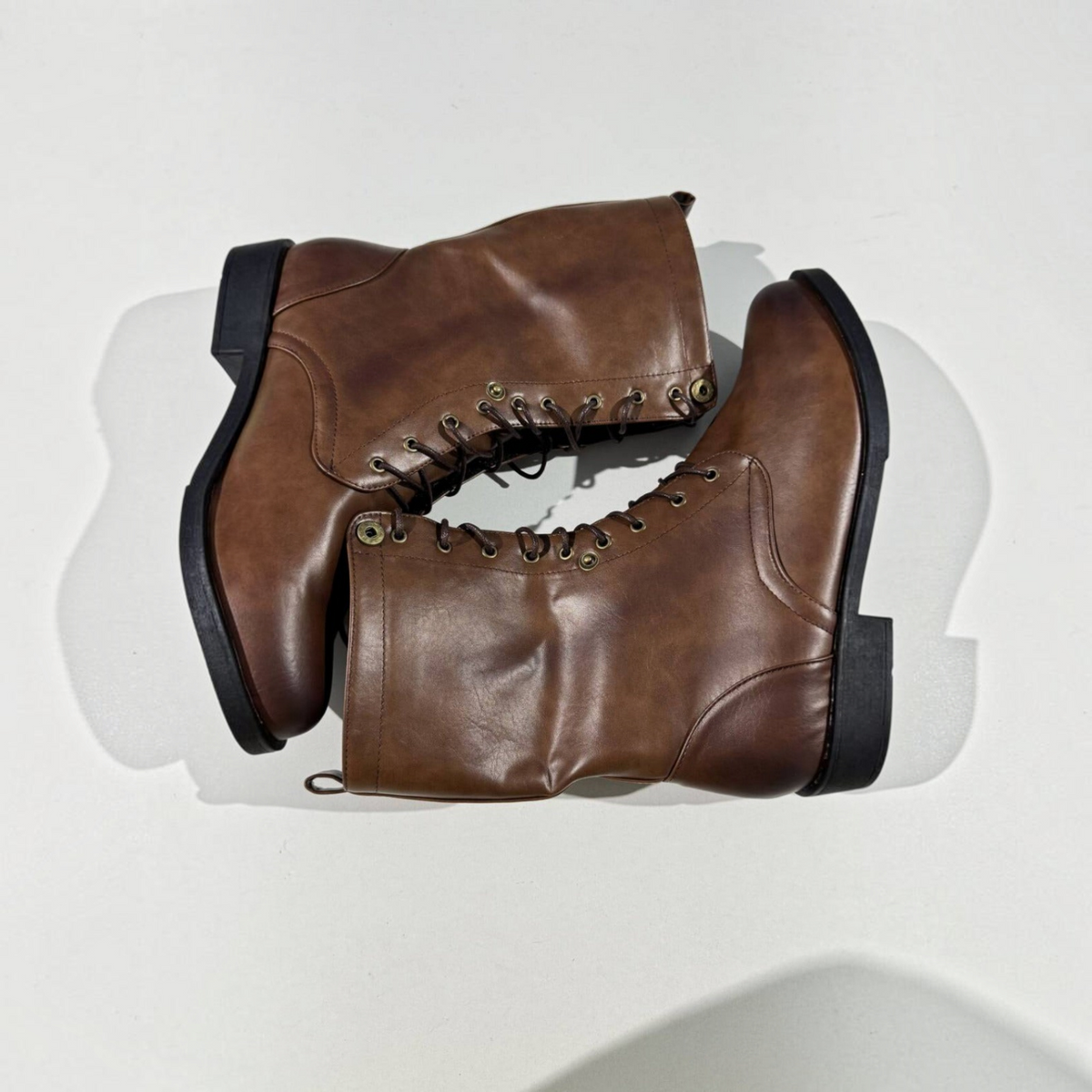 Lace-Up Ankle Boots for Women with Collapsible Cuff and Treaded Sole, Retro Inspired