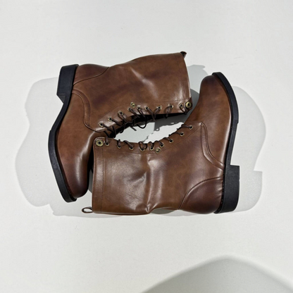 Lace-Up Ankle Boots for Women with Collapsible Cuff and Treaded Sole, Retro Inspired