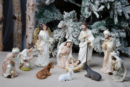 Eleven Piece Blush Pink and Ivory Resin Nativity Set with a Gloria Angel and Pearl Finish in Three Heights