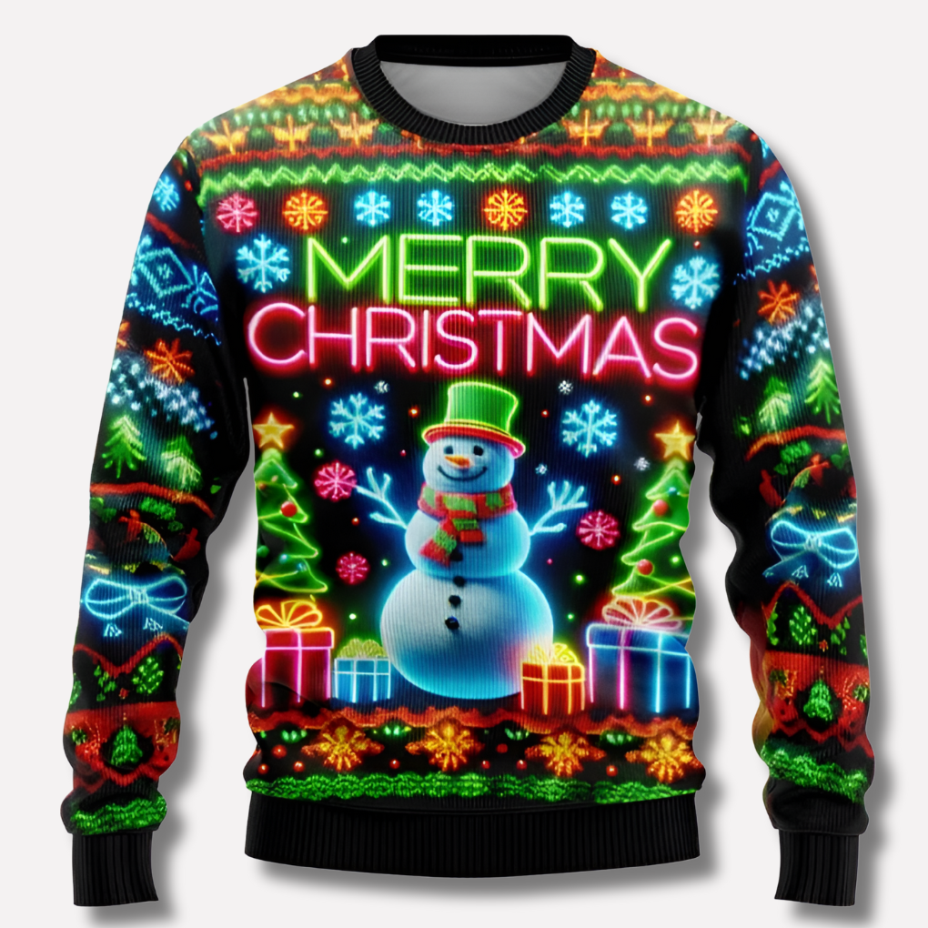 Unisex Crew Neck Sweater with Bright Neon Reindeer and Snowflake Pattern