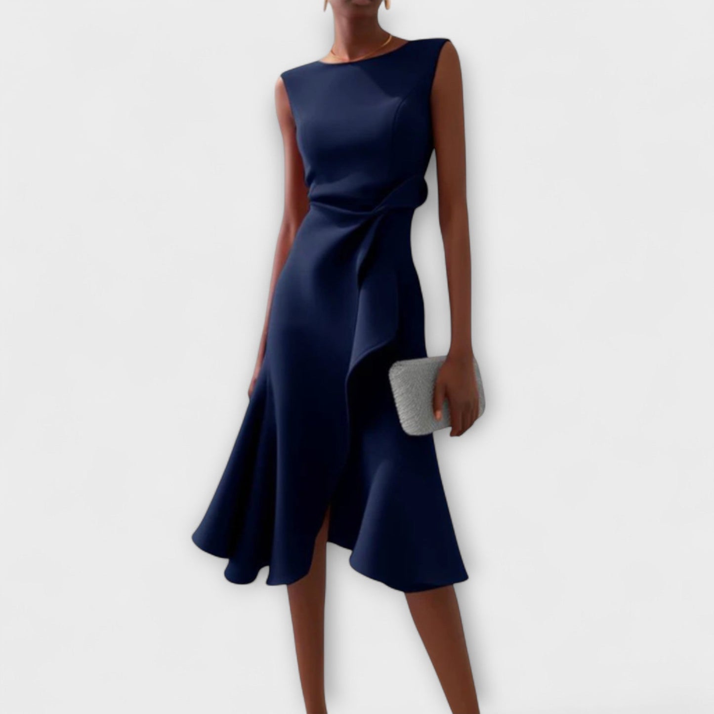 Asymmetric Midi Dress with Draped Hem and Sleeveless Cut, Lightweight Knit
