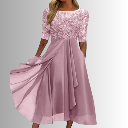 Lace Dress with Delicate Lace Bodice and Layered Lightweight Skirt, Back Zipper