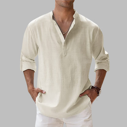 Linen Button Down Shirt with Relaxed Fit and Rollable Long Sleeves, Classic Collar