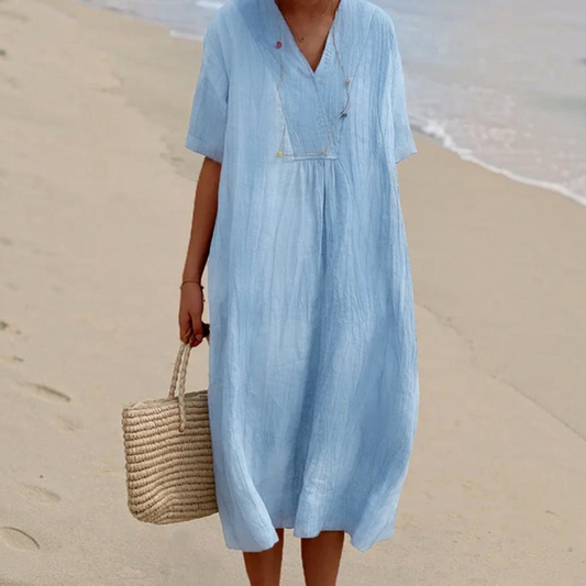 Lightweight Polyester Beach Dress with V-Neck and Slip-On Design