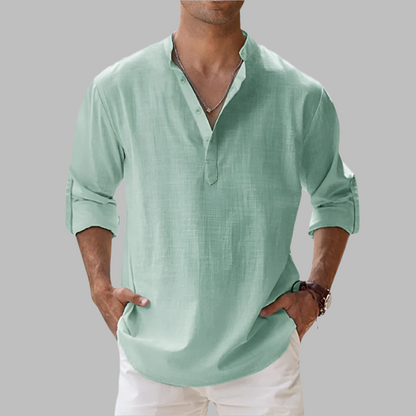 Linen Button Down Shirt with Relaxed Fit and Rollable Long Sleeves, Classic Collar
