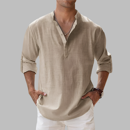 Linen Button Down Shirt with Relaxed Fit and Rollable Long Sleeves, Classic Collar