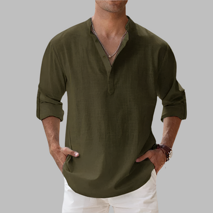Linen Button Down Shirt with Relaxed Fit and Rollable Long Sleeves, Classic Collar