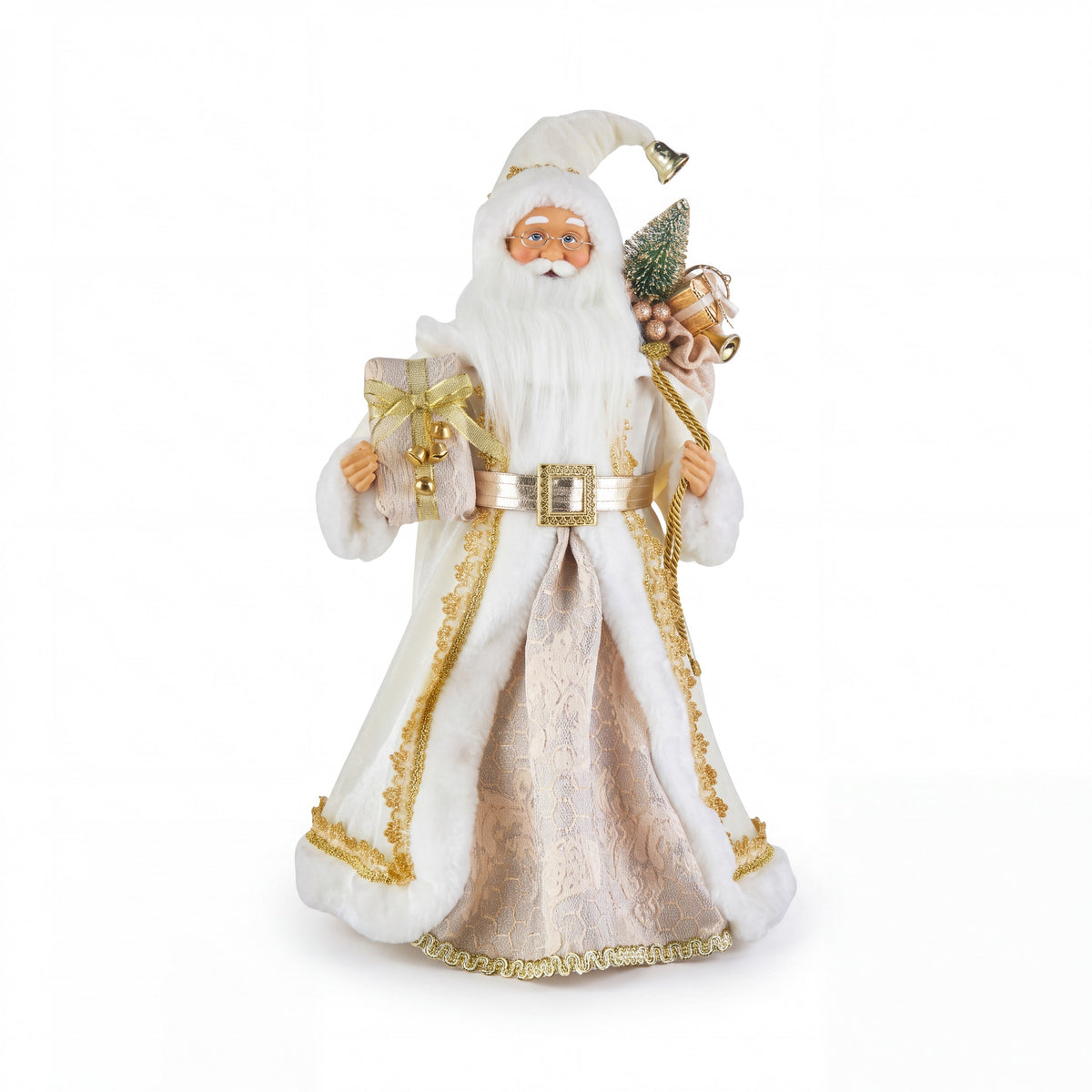 Standing Santa Figurine with Wrapped Gifts and Gold Accents, 18 Inch