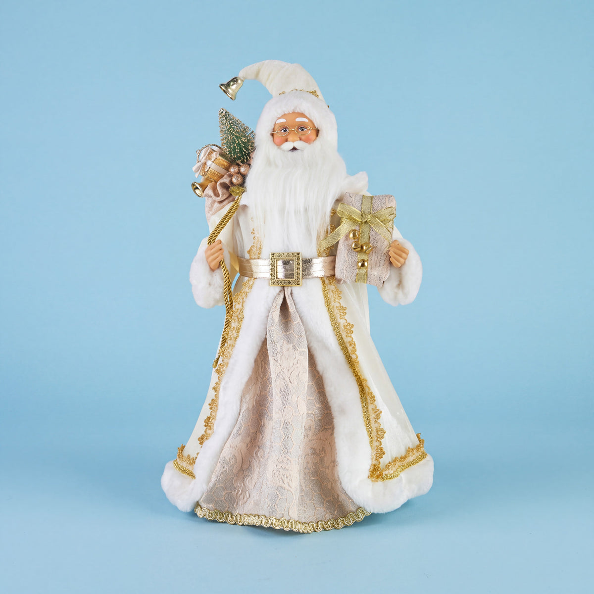 Standing Santa Figurine with Wrapped Gifts and Gold Accents, 18 Inch