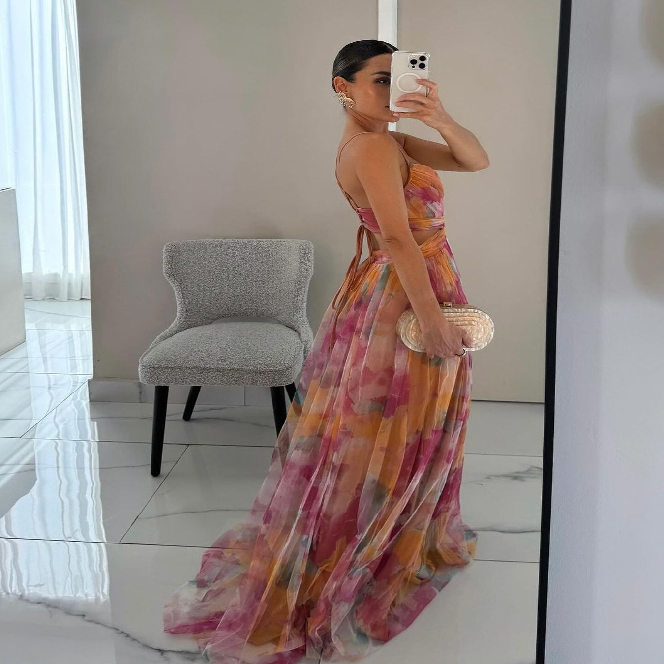 Women's Maxi Dress – Multicolor, Thin Straps, V-Neck, Fluid Silhouette