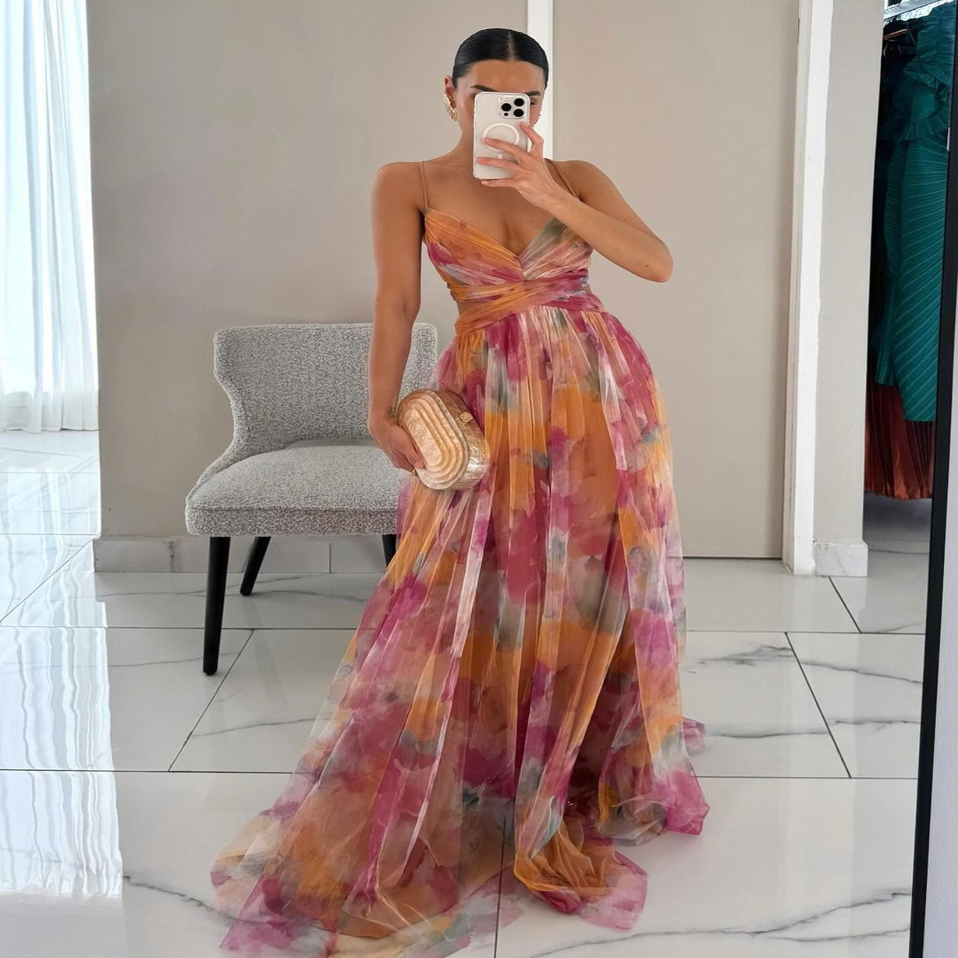 Women's Maxi Dress – Multicolor, Thin Straps, V-Neck, Fluid Silhouette
