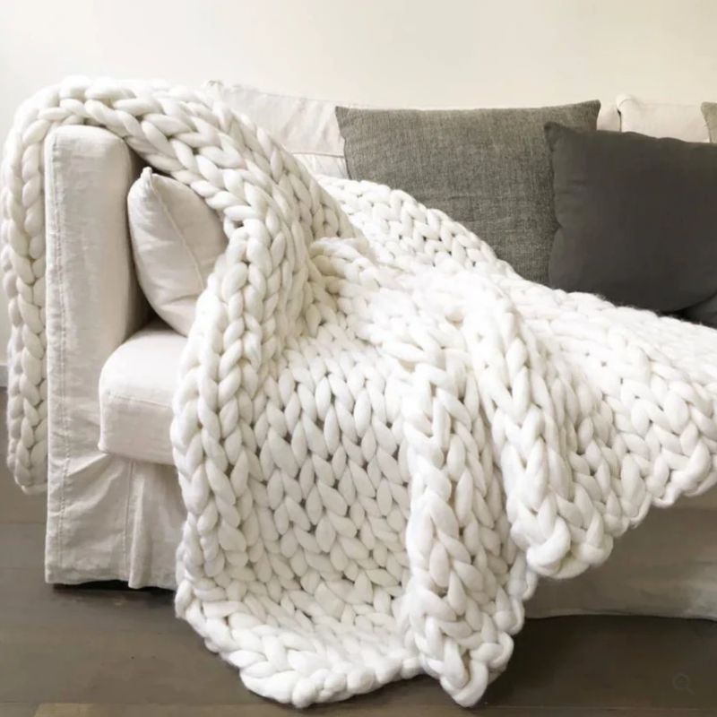 Hand Knitted Wool Blanket with Open Weave and Temperature Regulation